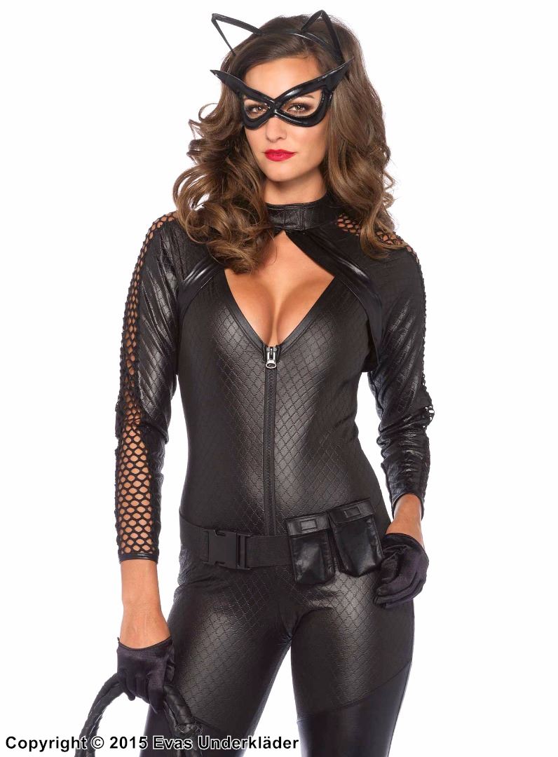 Catwoman, maskerad-jumpsuit med ärmar i nät och nyckelhål